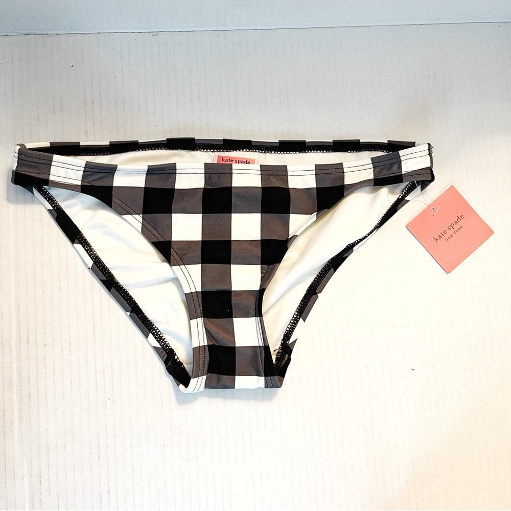 Kate Spade Bikini Bottoms Black & White Gingham Plaid Mid Rise Bottoms Sz S NWT